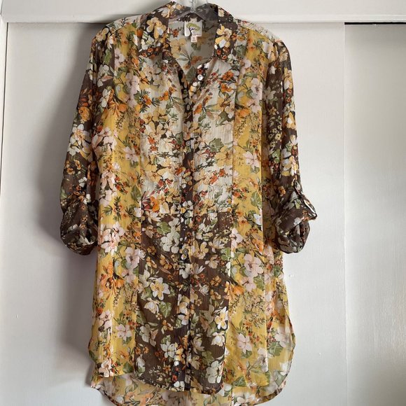 Anthro Fig & Flower Fall Floral Tab Sleeve Button Down Tunic Blouse S Semi Sheer - Picture 13 of 13